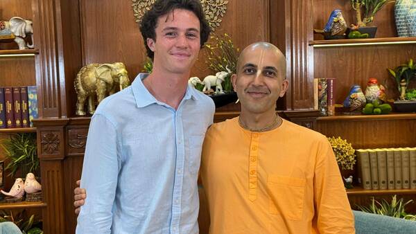 Ty Harrington pictured with his friend Mohan, a monk at GEV, whom he visited during his return to India.
