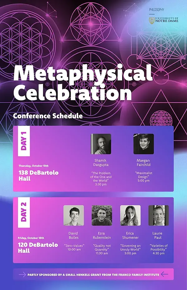 Metaphysical Celebration conference schedule at the University of Notre Dame.